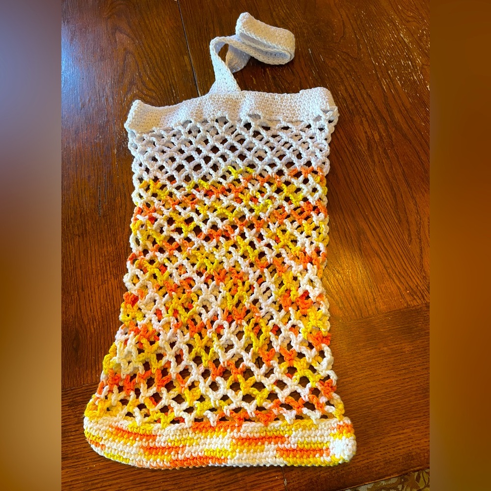 New Handmade Crochet Mesh Bag in White, Yellow, and Orange 12”x18”